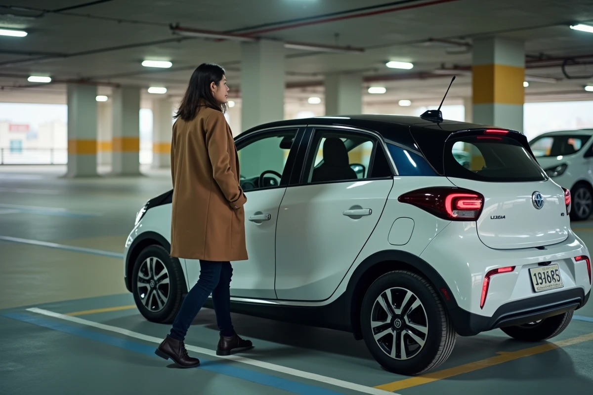 Jeune femme manœuvrant sa voiture dans un parking souterrain