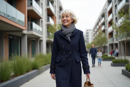 Femme souriante en manteau bleu dans le quartier rénové