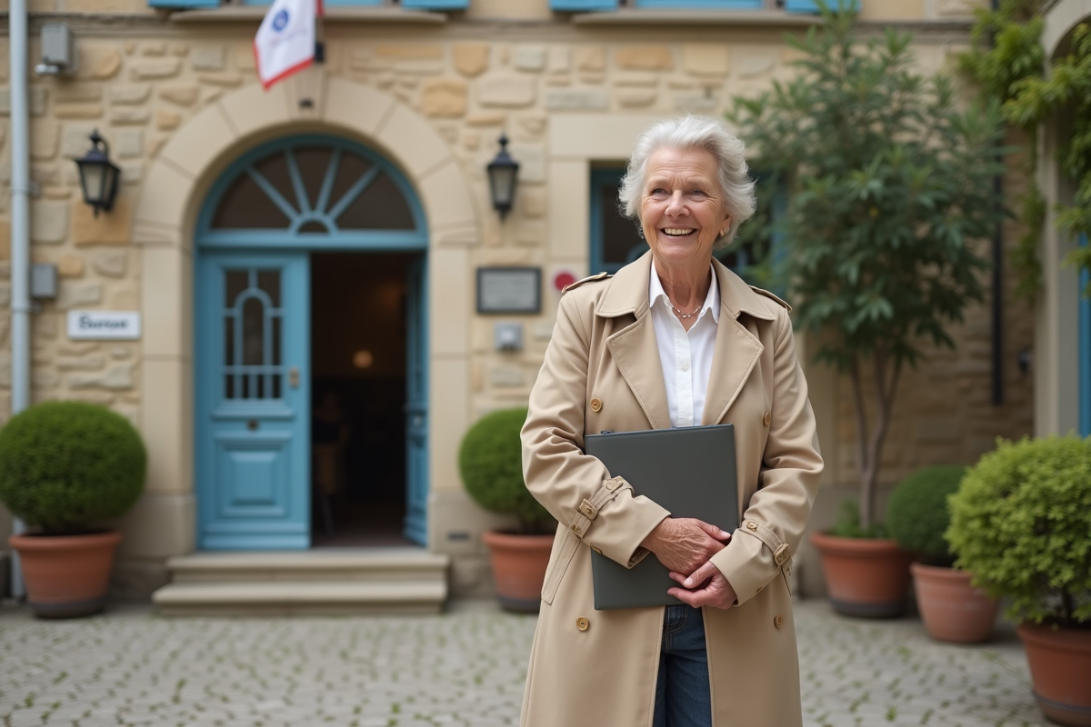Femme souriante devant la mairie en France