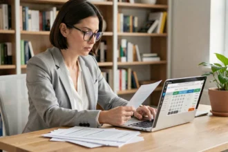 Femme professionnelle analysant un simulateur de crédit immobilier de 200 000 euros sur ordinateur portable avec des documents de prêt