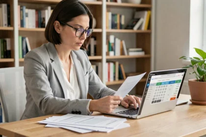 Femme professionnelle analysant un simulateur de crédit immobilier de 200 000 euros sur ordinateur portable avec des documents de prêt