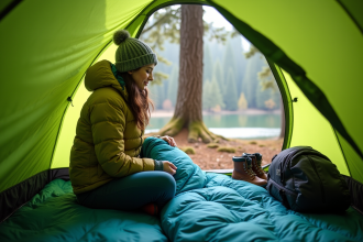 Jeune femme dans une tente verte en forêt avec sac de couchage