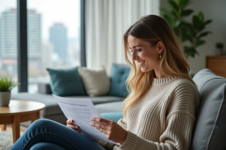 Femme souriante en intérieur avec papiers d'assurance maison
