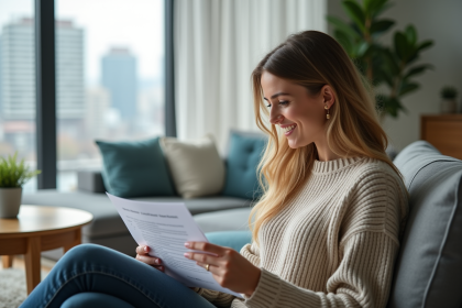 Femme souriante en intérieur avec papiers d'assurance maison