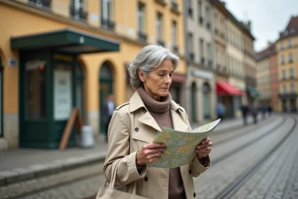 Femme consultant un plan de quartier à un arrêt de tram à Metz, architecture lorraine en arrière-plan
