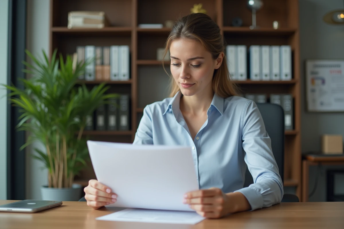 Femme en bureau lisant un document attentivement