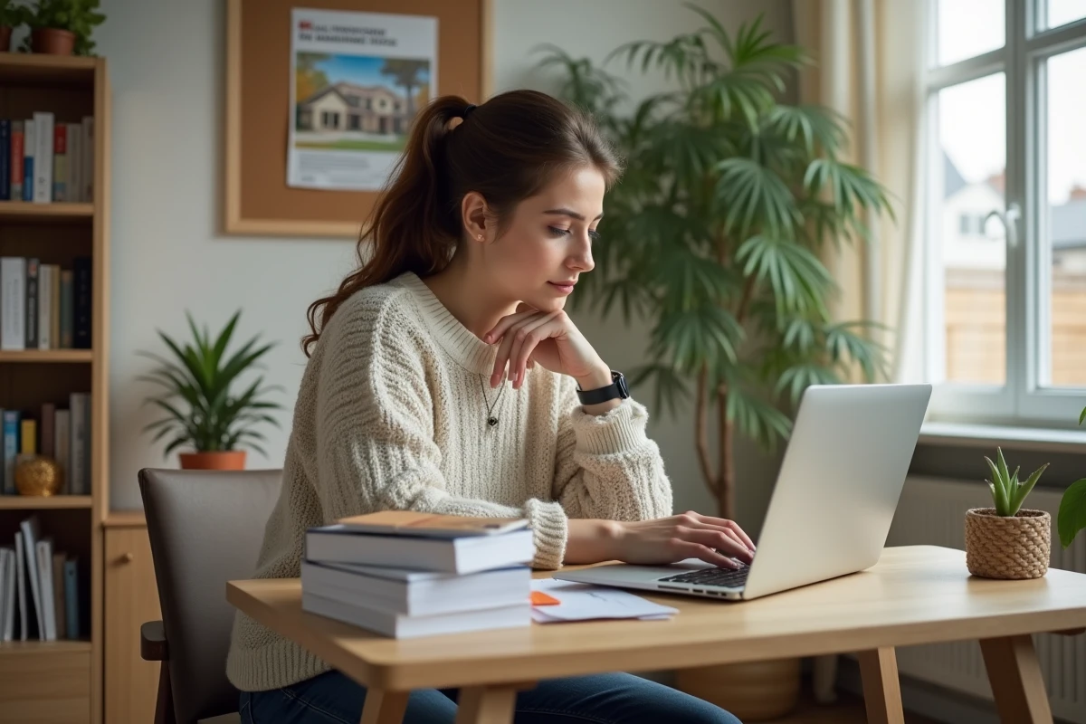 Jeune femme r&eacute;fl&eacute;chissant sur son ordinateur dans un salon