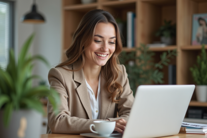 Femme souriante travaillant sur applications de location