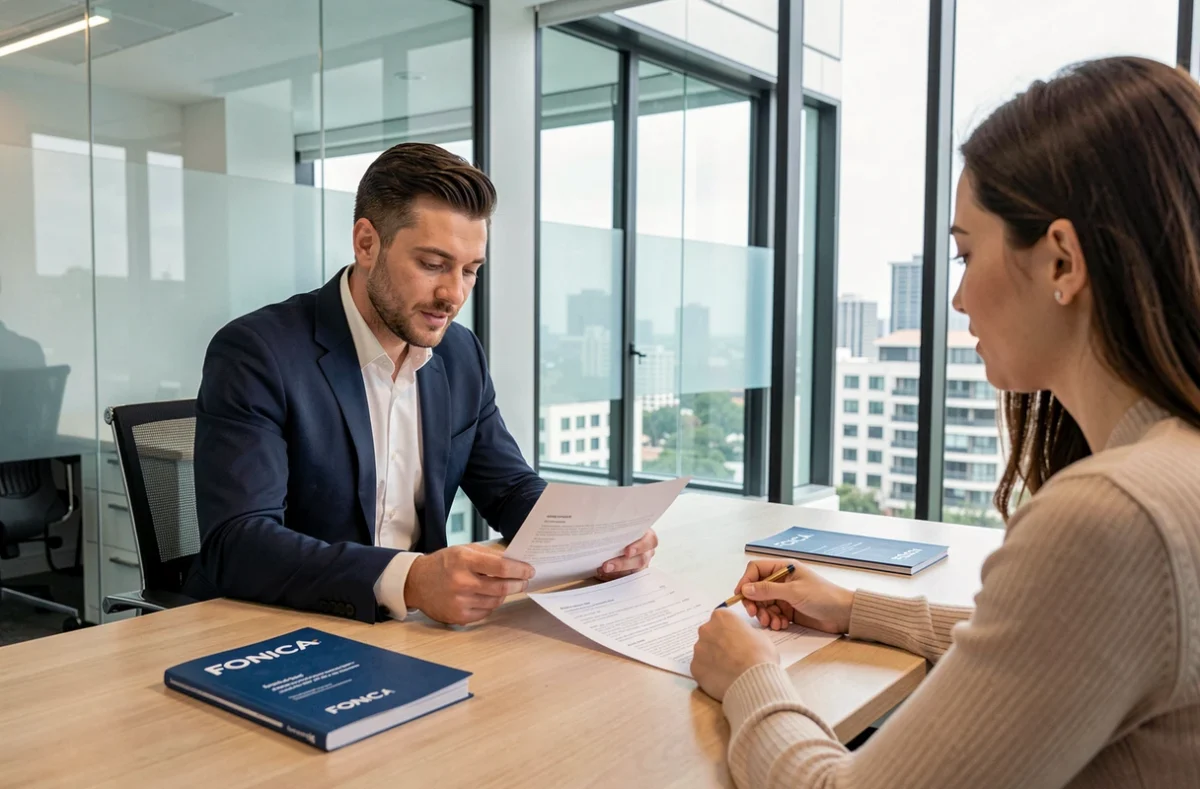 Agent Foncia en réunion avec des clients pour la gestion locative d'un appartement en Auvergne-Rhône-Alpes