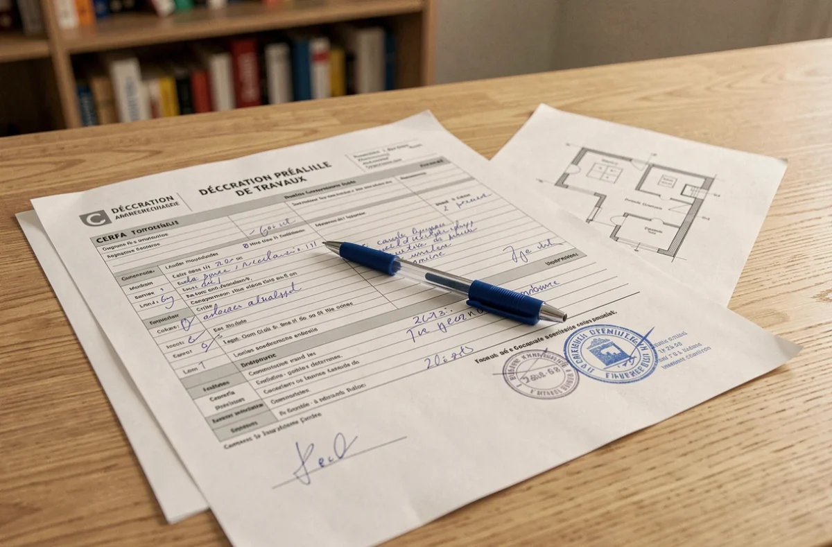 Formulaire Cerfa de déclaration préalable de travaux rempli à la main posé sur un bureau avec plans et tampon municipal