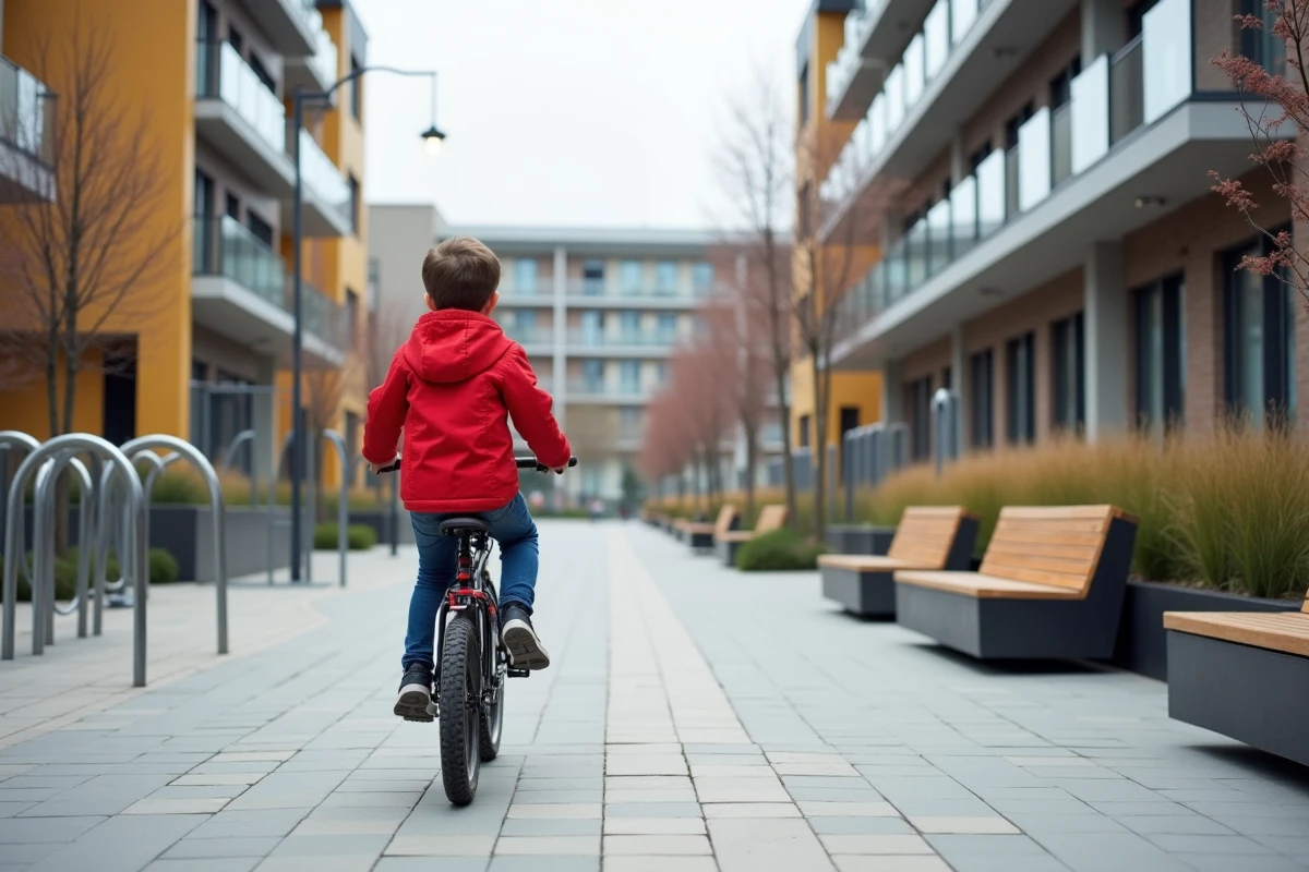 Garçon à vélo dans la place communautaire moderne