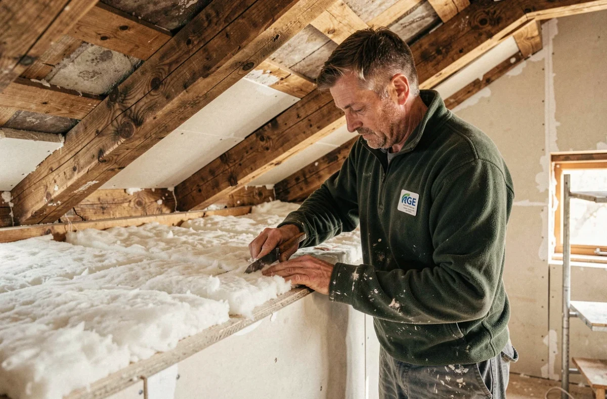 Artisan RGE Gayraud Bruno posant de la laine minérale dans la charpente d'une maison villageoise en rénovation