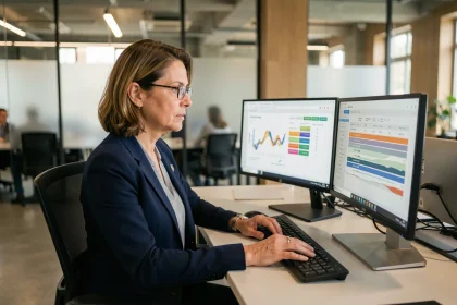 Gestionnaire de projet femme analysant des tableaux de bord de workflows sur double écran dans un bureau moderne
