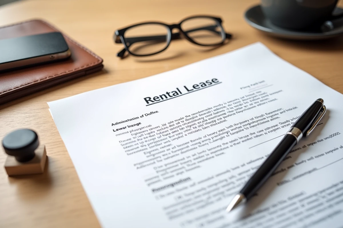 Gros plan sur un bail locatif imprimé avec stylo et lunettes, détail des abréviations administratives dans un contrat d'appartement