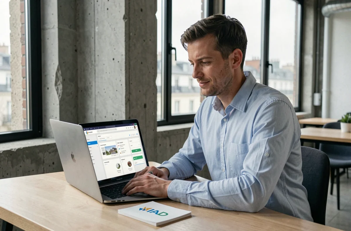 Gestionnaire de Homepilot by IAD travaillant sur une interface de gestion locative dans un espace moderne à Lyon