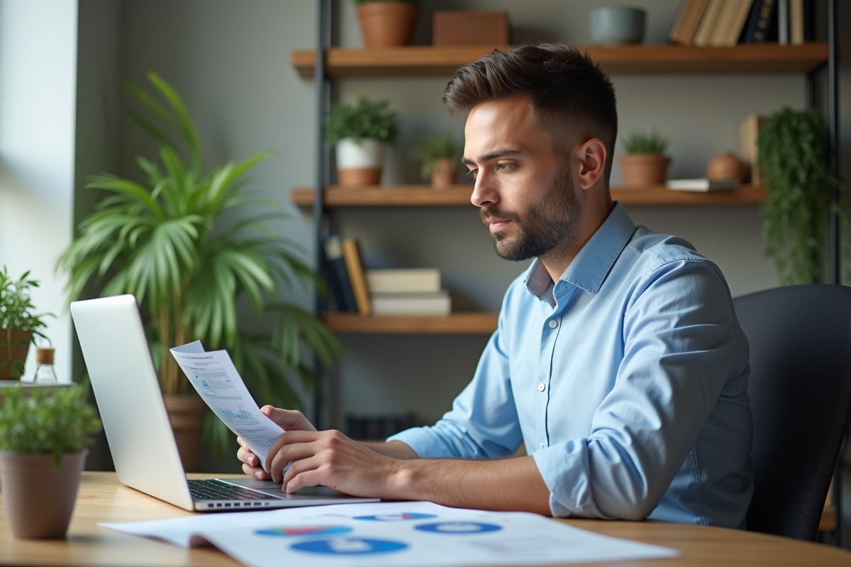 Homme d'affaires examinant des feuilles de calcul immobilières