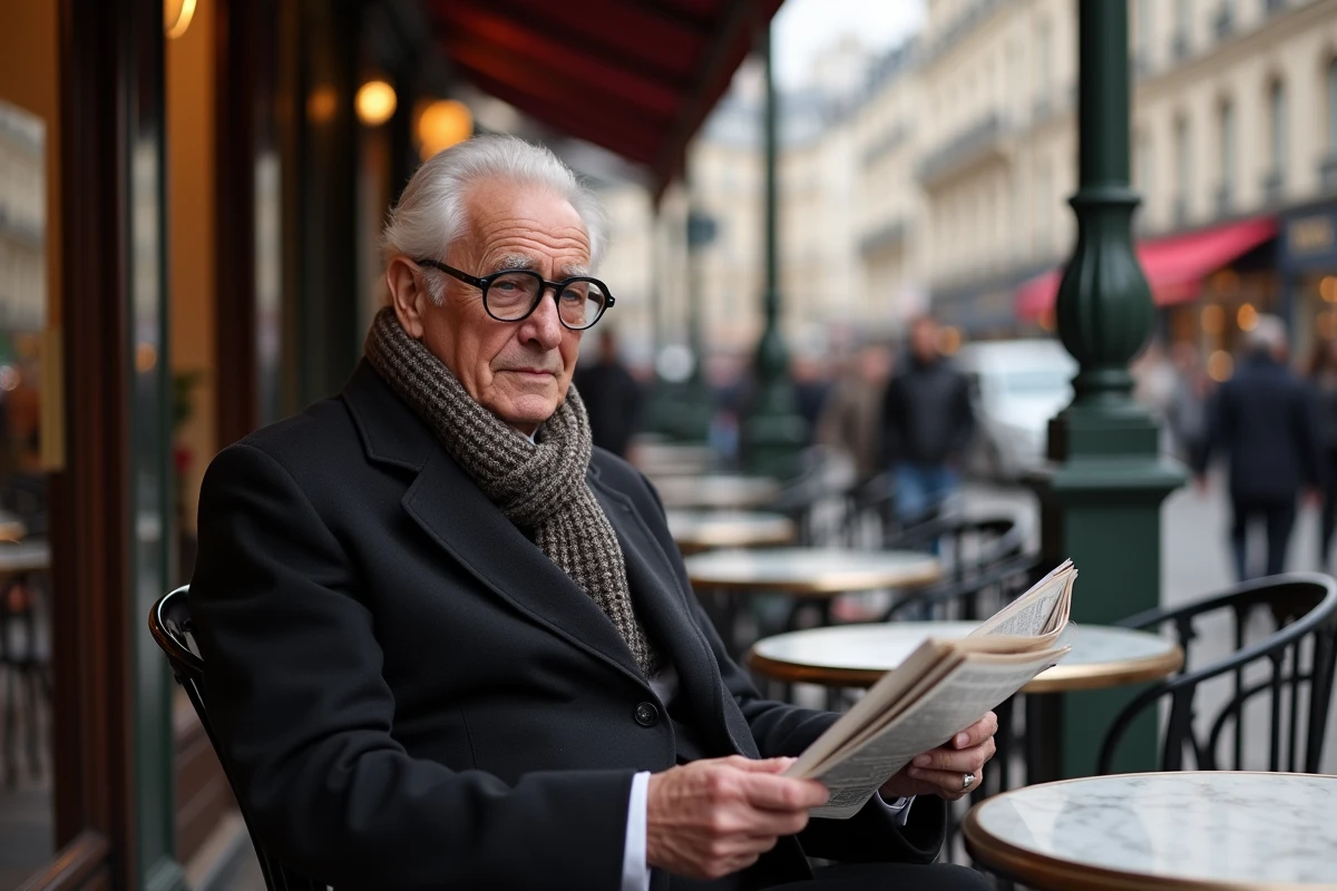 Homme âgé lisant au café dans un quartier chic de Paris