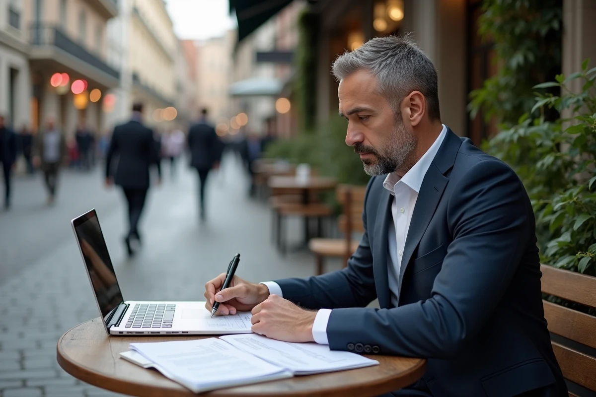 Homme en extérieur vérifiant des documents au café