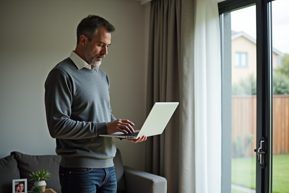 Homme regardant un calculateur immobilier depuis une fenêtre
