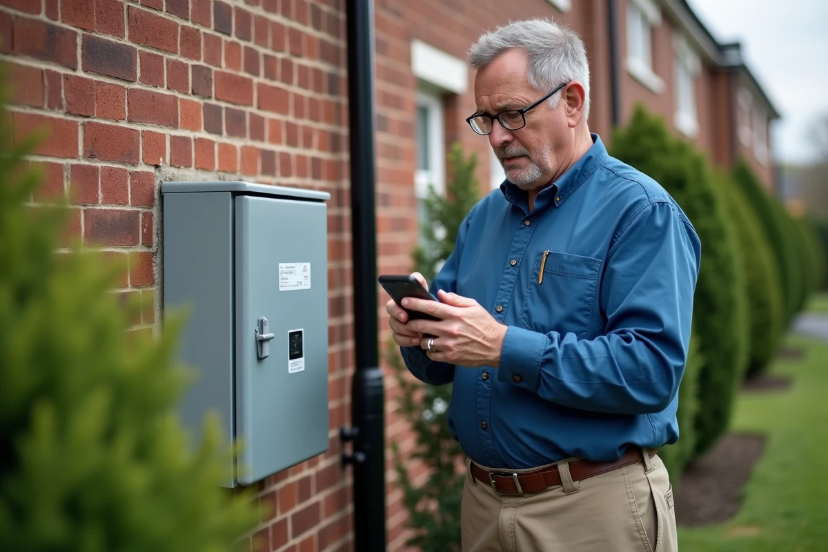 Homme vérifiant le compteur électrique devant un bâtiment résidentiel