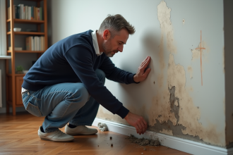 Homme d'âge moyen examine des taches d'eau sur un mur intérieur