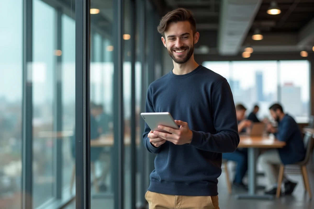 Jeune homme dans lounge urbain avec tablette