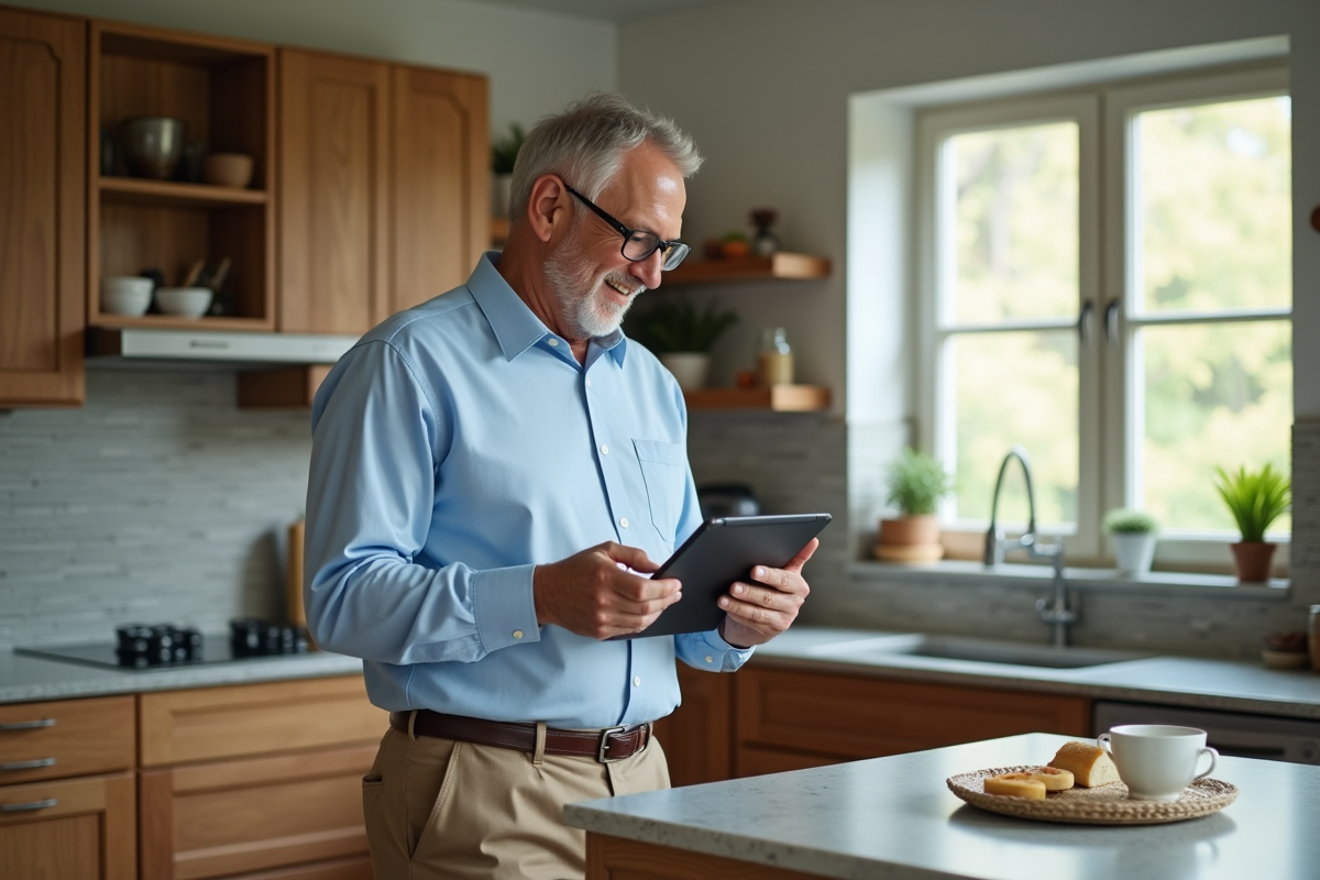 Homme d age moyen dans sa cuisine utilisant une tablette