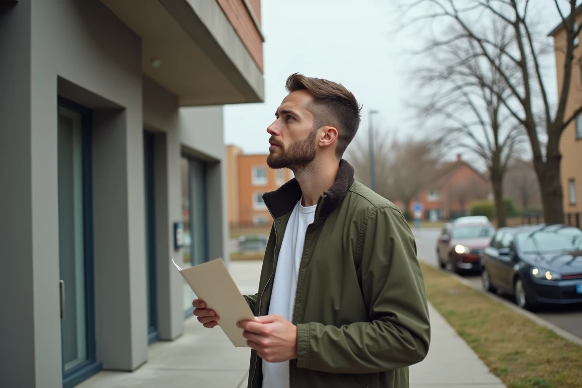 Homme hésitant devant un immeuble de logement social tenant une lettre d'attribution officielle en automne