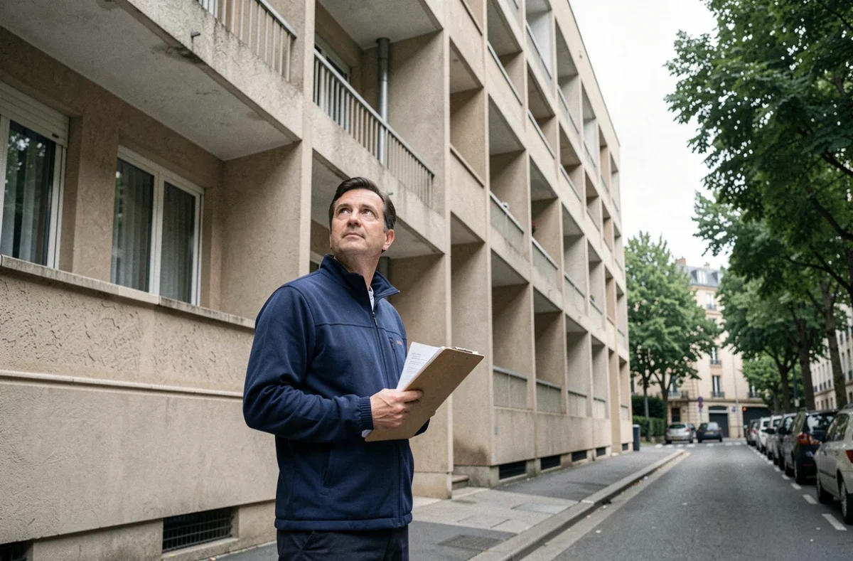 Homme tenant un dossier de demande devant un immeuble HLM parisien typique