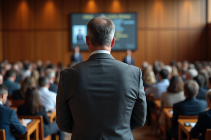 Homme en costume gris observant une vente aux enchères immobilières