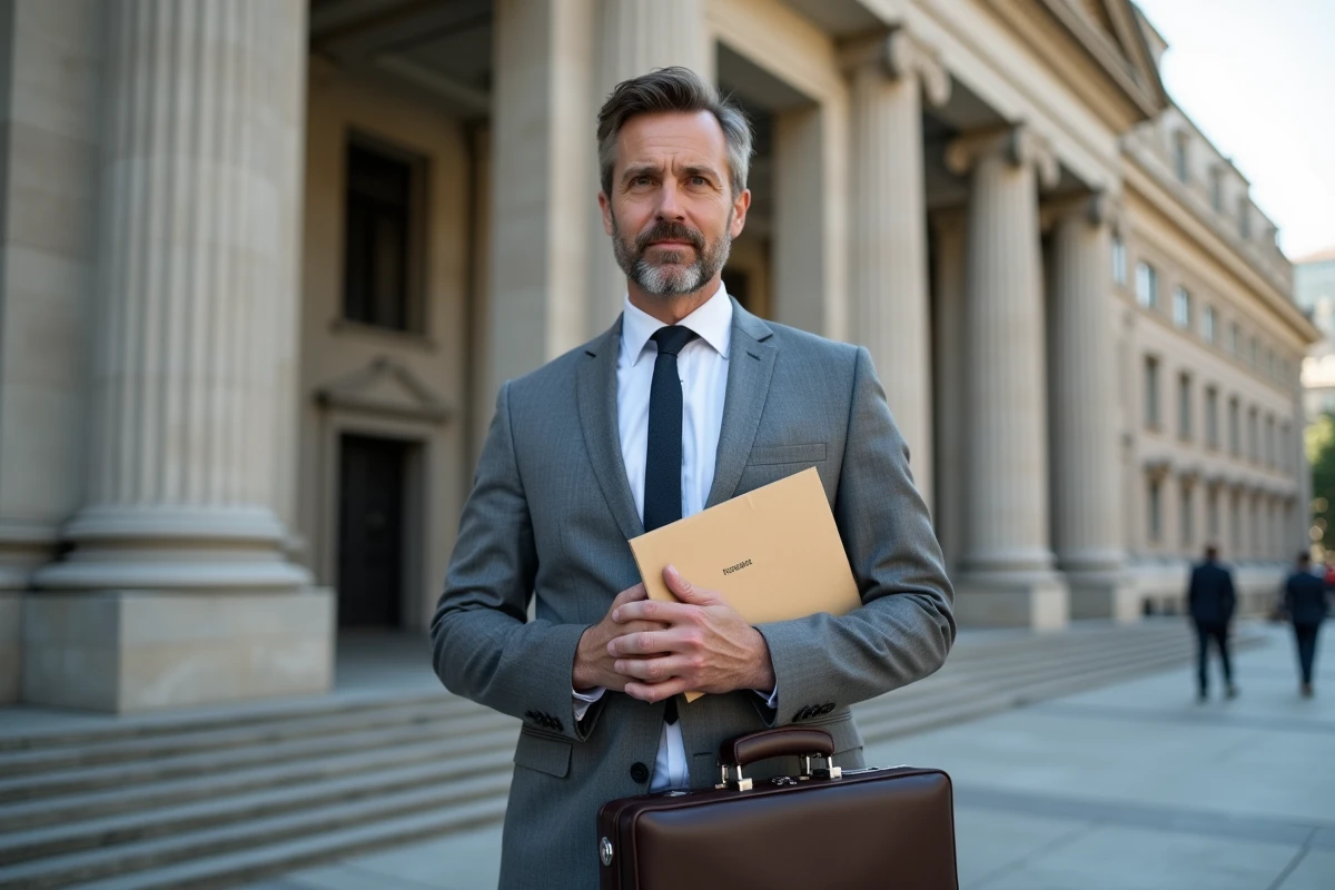 Homme en costume devant un bâtiment officiel