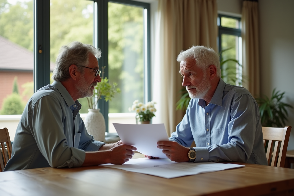 Homme d'affaires âgé examine des documents immobiliers dans un appartement lumineux