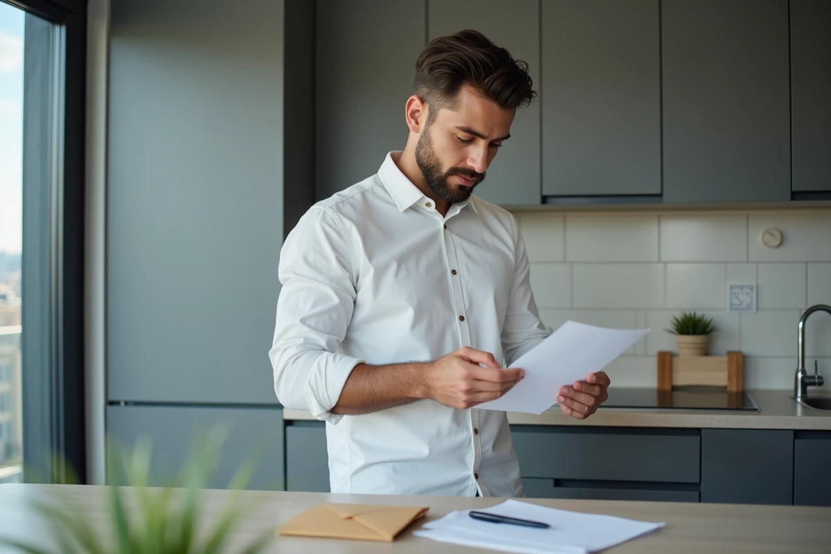 Homme relisant attentivement une lettre de préavis locatif dans une cuisine moderne