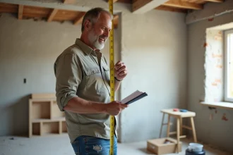 Homme mesurant un mur en rénovation intérieure