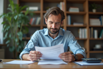 Homme d'affaires en train d'étudier des documents de prêt immobilier