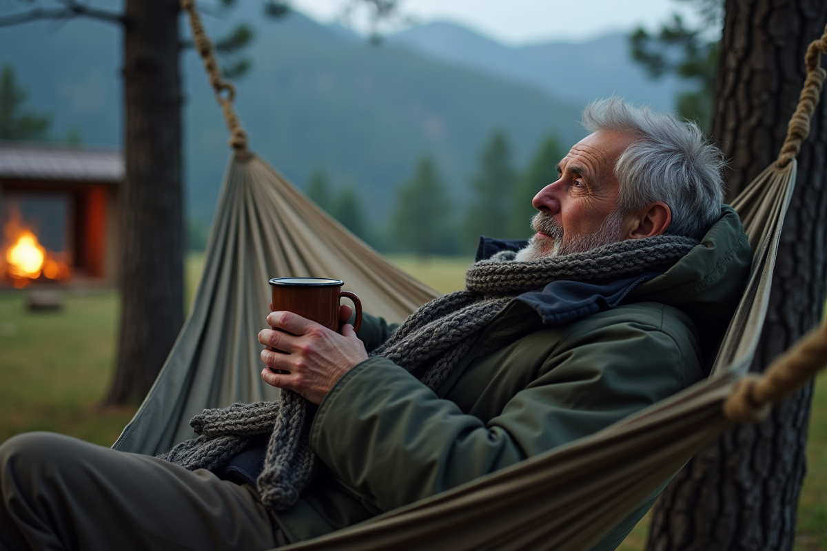 Homme âgé dans un hamac en forêt avec tasse en émail