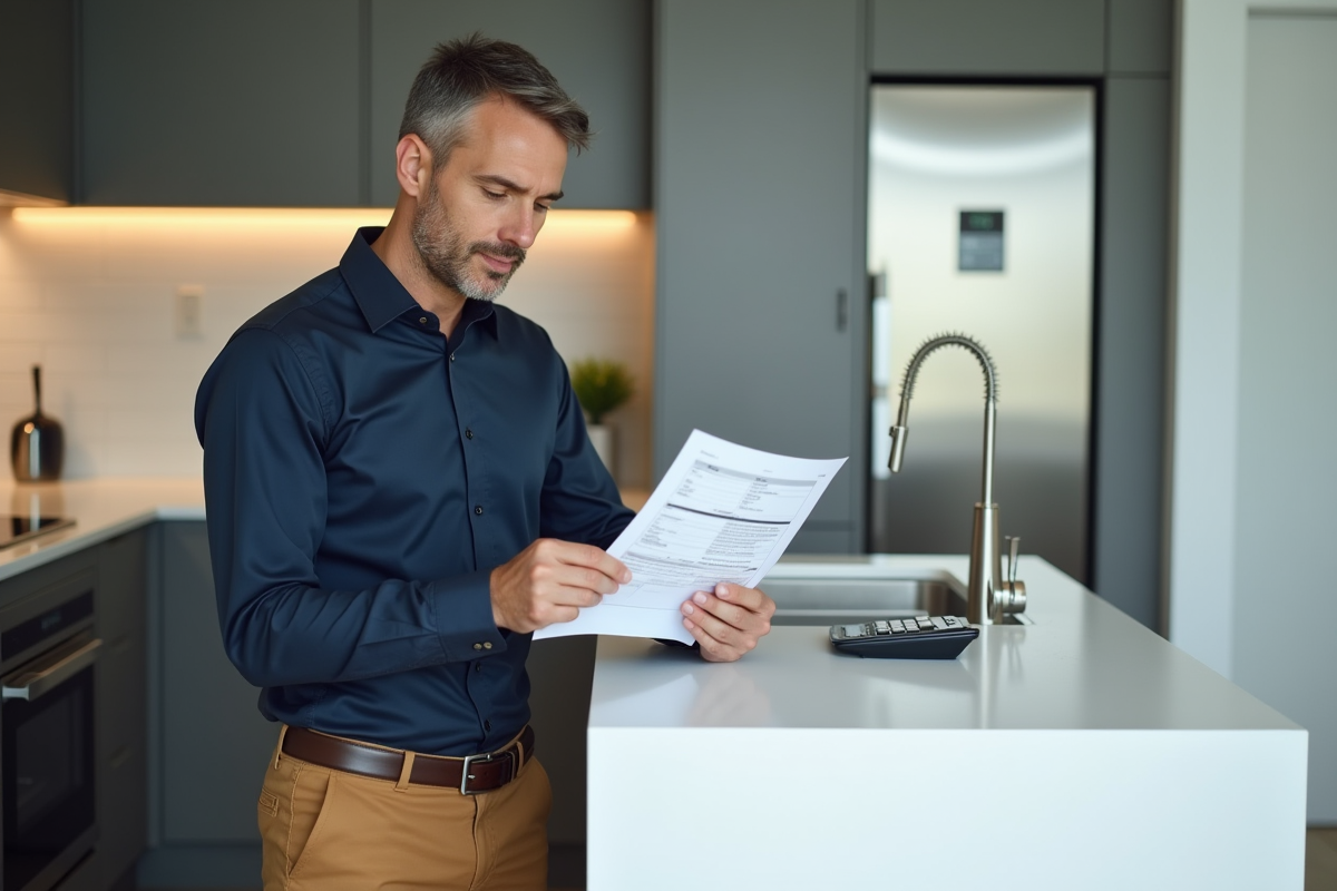 Homme vérifiant des documents de prêt dans une cuisine moderne