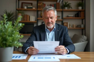 Homme d'âge moyen examine documents d'impôts immobiliers