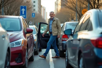 Homme d'âge moyen sortant prudemment sa voiture en ville