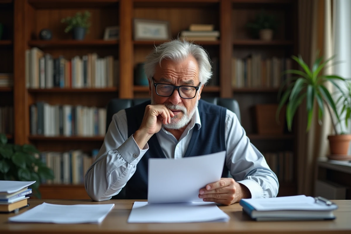 Homme senior en tenue d&eacute;contract&eacute;e examinant des documents de location
