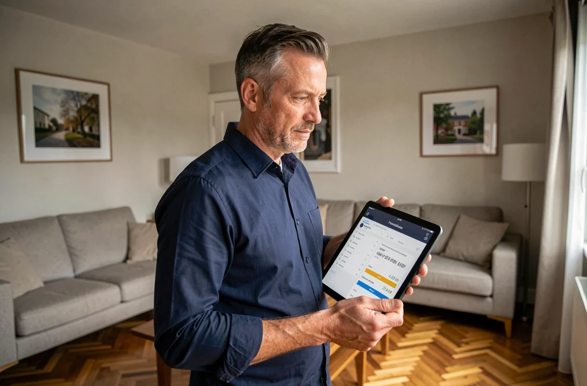 Homme tenant une tablette affichant une estimation immobilière dans le salon d'un appartement à vendre