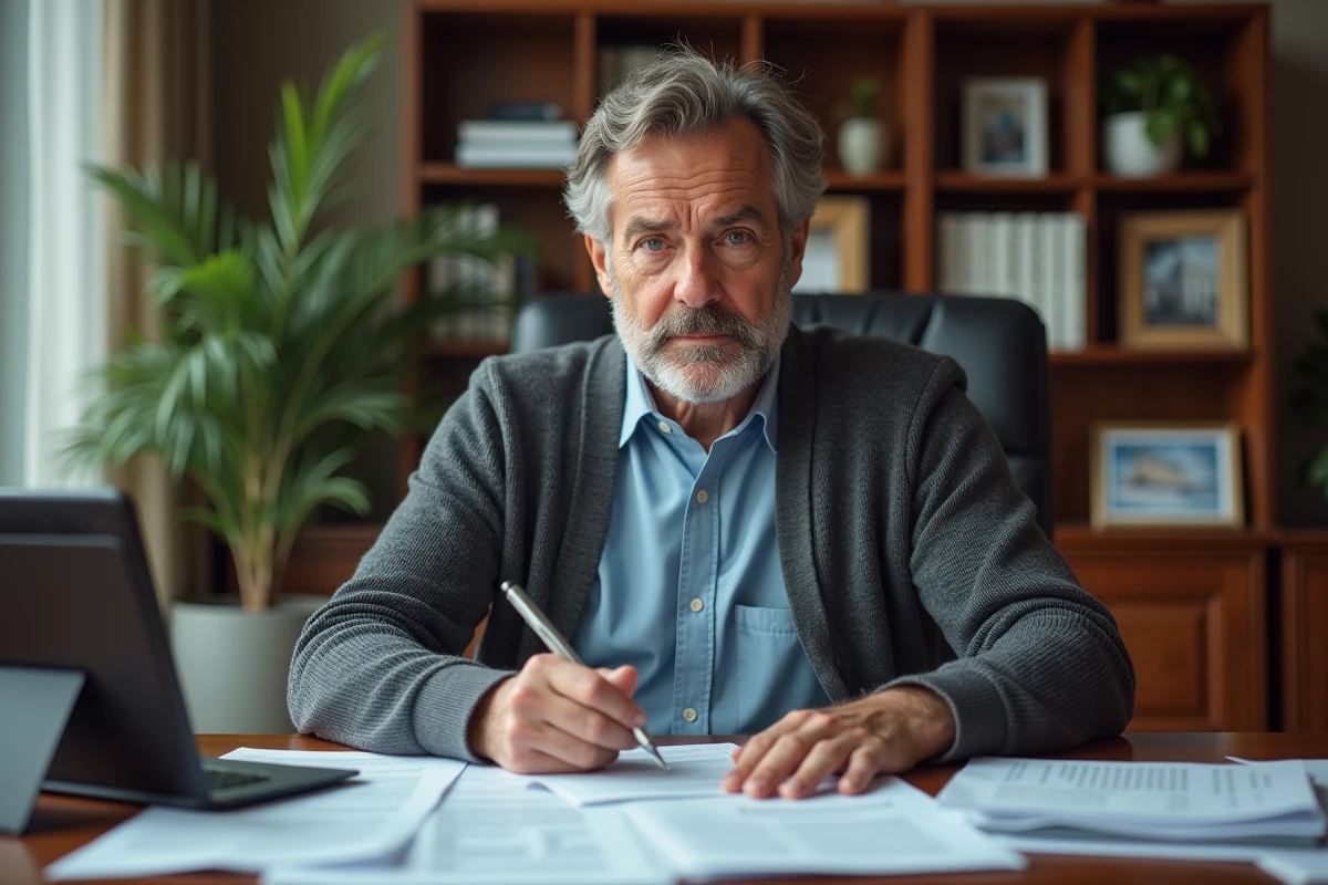 Homme travaillant sur des documents officiels dans un bureau lumineux