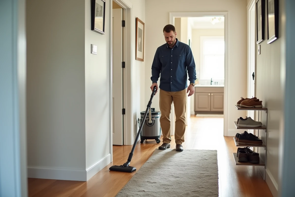 Homme aspirant un tapis dans un couloir lumineux