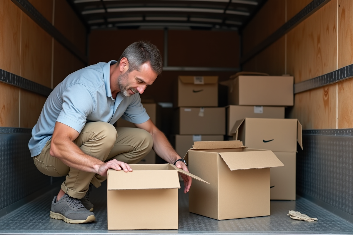 Homme vérifie des cartons dans un camion de déménagement