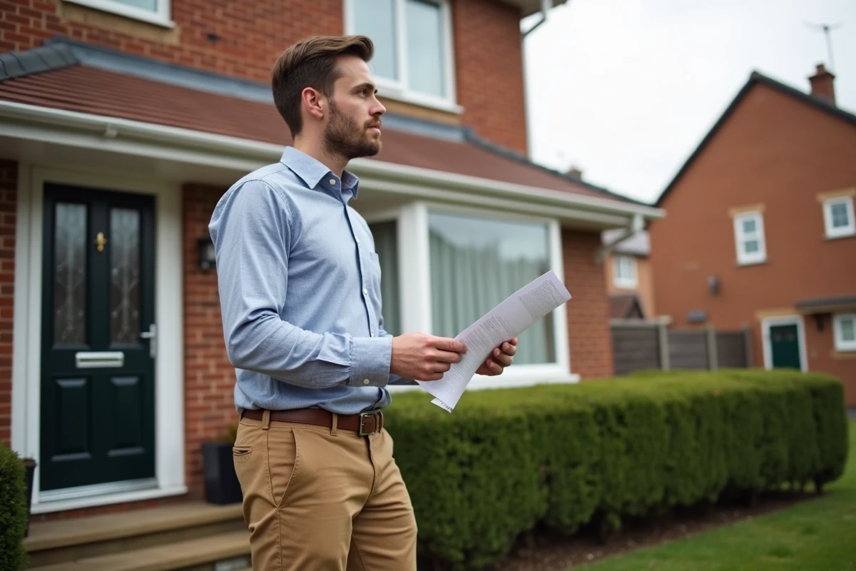 Jeune homme regardant la maison avec un rapport immobilier