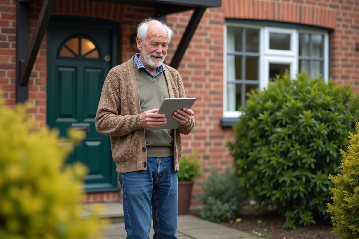 Homme âgé avec tablette devant une maison de banlieue