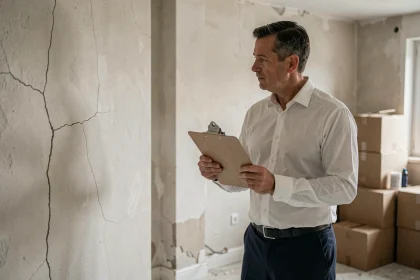 Huissier de justice examinant des fissures murales dans un appartement avant le début de travaux de rénovation