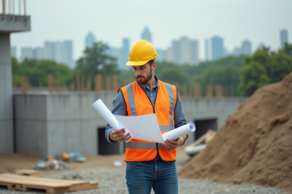 Jeune ingénieur en chantier urbain avec plans et casque jaune