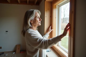 Femme inspectant une fenêtre en bois dans une maison en rénovation