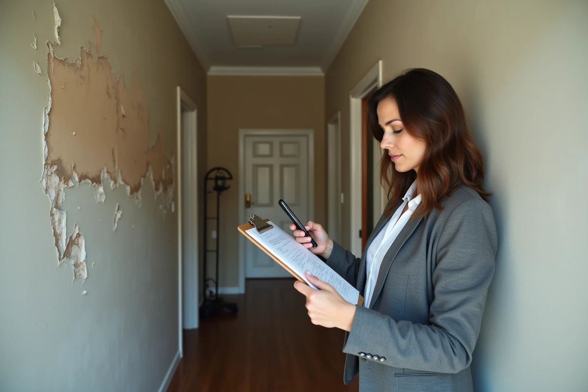 Femme inspectant des dégâts d'humidité sur un mur lors d'un litige pour vice caché immobilier
